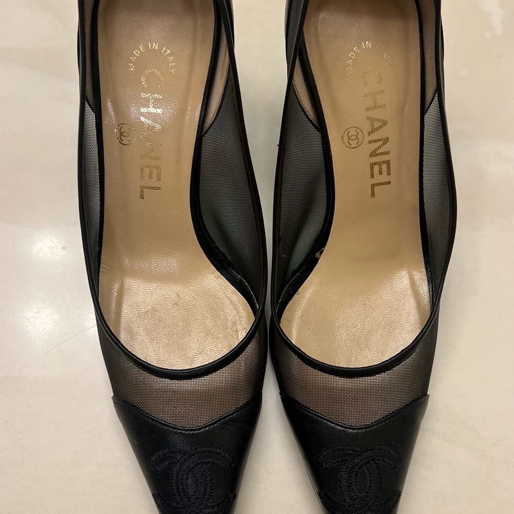CHANEL Black Mesh Heels with Pointed Toe
